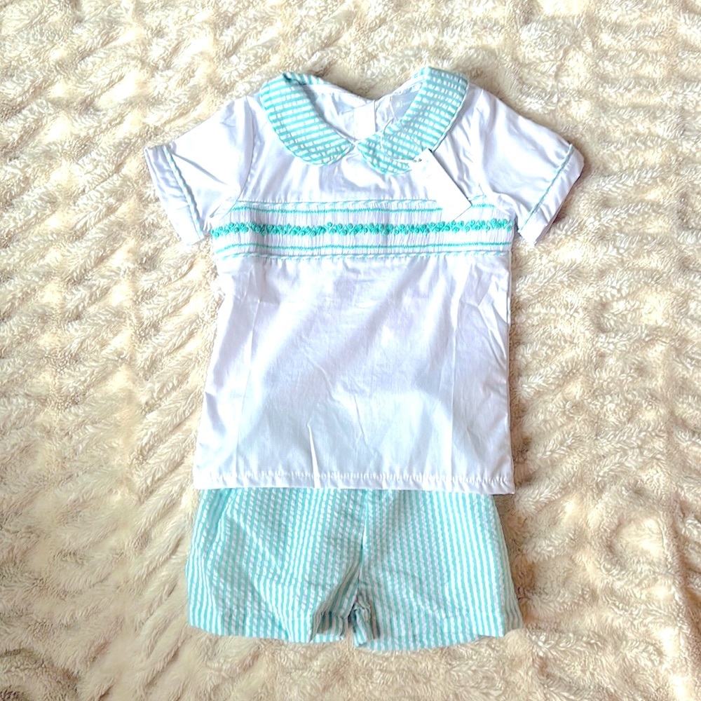 NWT Eliza James Smocked boys too and seersucker shorts set in Mint